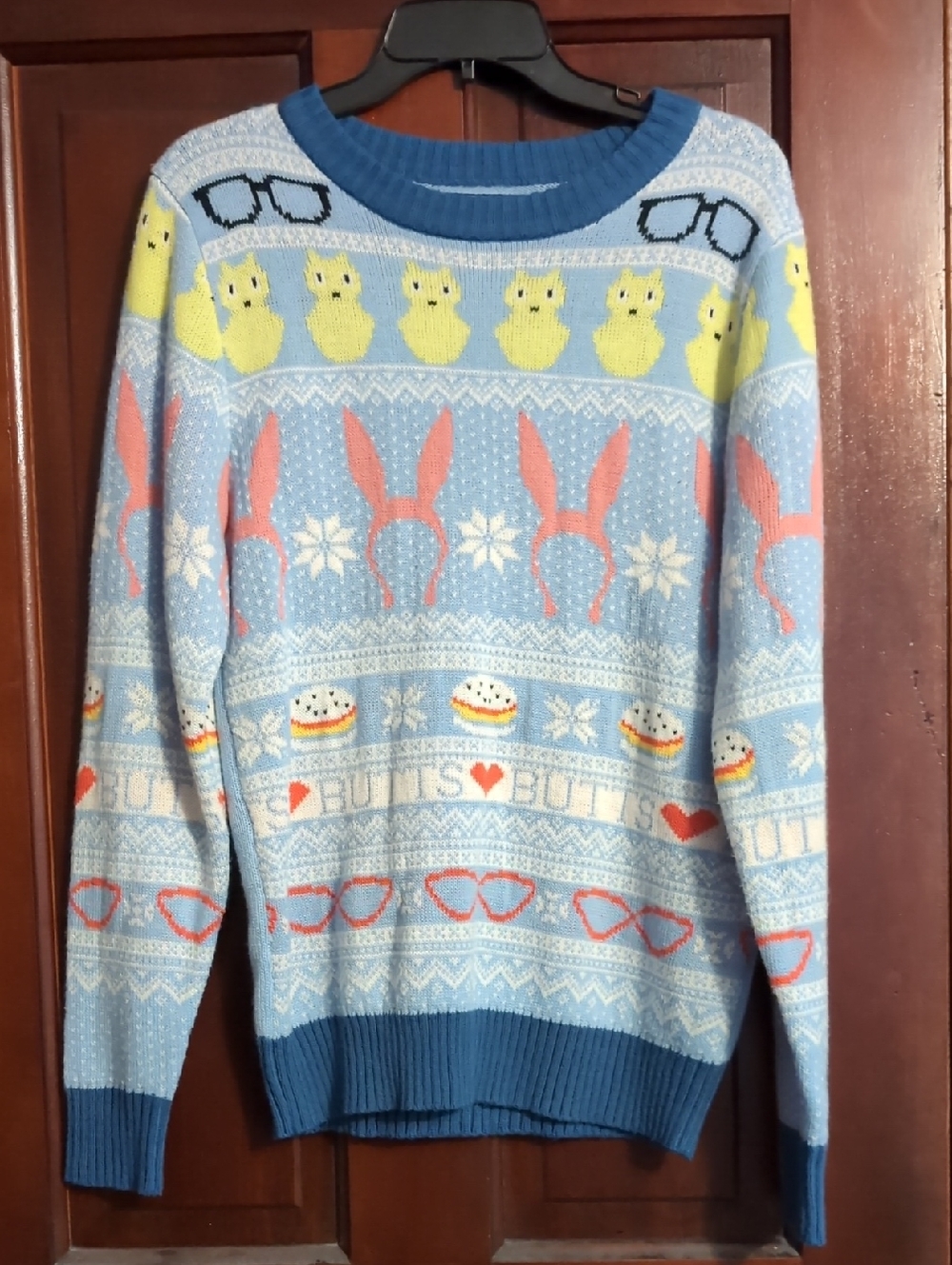Bobs Burgers Ugly Sweater. Blue Novelty Bunny & Chick Easter Women's Sweater